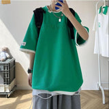 2023 Summer Solid Casual Loose Tess T-Shirts Men'S Top Simple Breathable Waffle Pullover Short Sleeve Sport Fake Tow Pieces