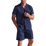 Men's Summer Casual Loose Two Piece Sets Beach Solid Workwear Pocket Linen Man Suit Short Sleeve Button Shirt And Shorts Outfits