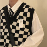 New Autumn Arctic Velvet Checkerboard Pattern Men's Sweater Vest Retro V-neck Sleeveless Knit Vest Woolen Korean Clothes