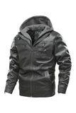 Ilooove - Men's Bomber Zipper Leather Removable Hooded  Bomber Faux Leather Jacket  Utility Motorcycle Outdoor Work Warm Winter Coat