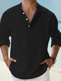 Men's Linen Shirt Casual Shirt Beach Shirt Henley Shirt Black White Pink Long Sleeve Plain Henley Spring & Summer Hawaiian Holiday Clothing Apparel