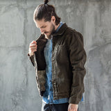 Ilooove - Men's Retro Canvas Jacket  Tough Guy Wear Blue Dye Slim Fit Classic Lapel Denim Brown Color Jacket Men