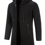 Ilooove - Warm Mid-length Hooded Fleece Coat, Men's Comfortable Solid Color Zip Up Knitted Cardigan For Spring Fall