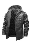 Ilooove - Men's Bomber Zipper Leather Removable Hooded  Bomber Faux Leather Jacket  Utility Motorcycle Outdoor Work Warm Winter Coat