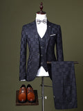 Black/Burgundy/Royal Blue Men's Wedding Party Suits 3 Piece Checkered Tailored Fit Suit Single Breasted One-button