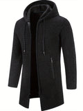 Ilooove - Warm Mid-length Hooded Fleece Coat, Men's Comfortable Solid Color Zip Up Knitted Cardigan For Spring Fall