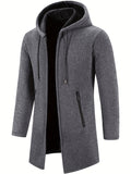 Ilooove - Warm Mid-length Hooded Fleece Coat, Men's Comfortable Solid Color Zip Up Knitted Cardigan For Spring Fall