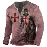 Men's Henley Shirt T shirt Tee Tee Graphic Templar Cross Soldier Henley Green Purple Light gray Red Brown 3D Print Plus Size Outdoor Daily Long Sleeve Button-Down Print Clothing Apparel Basic