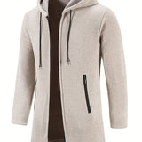 Ilooove - Warm Mid-length Hooded Fleece Coat, Men's Comfortable Solid Color Zip Up Knitted Cardigan For Spring Fall