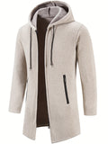 Ilooove - Warm Mid-length Hooded Fleece Coat, Men's Comfortable Solid Color Zip Up Knitted Cardigan For Spring Fall