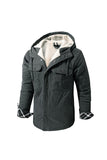 Ilooove - Men's Hooded Solid Thicken Outdoor Work Utility Coat Jacket Grey Solid Color Big Size With Snap Closure  Men's Coat Fleece Lined Large Size Winter Warm Cotton Jacket