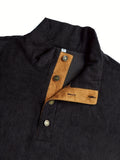 Ilooove - Corduroy Men's Casual Retro Stand Collar Thick Long Sleeve Henry Shirt, Spring Fall Top