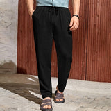 Men's Linen Pants Trousers Summer Pants Drawstring Elastic Waist Plain Comfort Breathable Outdoor Daily Going out Linen / Cotton Blend Fashion Casual Black White