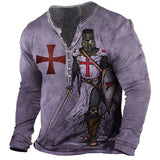 Men's Henley Shirt T shirt Tee Tee Graphic Templar Cross Soldier Henley Green Purple Light gray Red Brown 3D Print Plus Size Outdoor Daily Long Sleeve Button-Down Print Clothing Apparel Basic