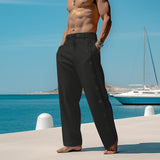 Men's Linen Pants Trousers Summer Pants Beach Pants Drawstring Side Button Straight Leg Plain Comfort Breathable Ankle-Length Casual Daily Holiday Linen / Cotton Blend Fashion Classic Style Black