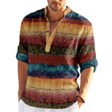 Men's Shirt Linen Shirt Striped Graphic Prints Geometry Stand Collar Yellow Light Green Royal Blue Light Brown Blue Outdoor Street Long Sleeve Print Clothing Apparel Linen Fashion Streetwear Designer