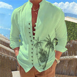 Men's Shirt Summer Hawaiian Shirt Coconut Tree Graphic Prints Stand Collar White Blue Green Khaki Gray Outdoor Street Long Sleeve Print Clothing Apparel Fashion Designer Casual Comfortable