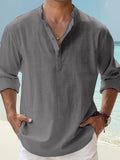 Men's Linen Shirt Casual Shirt Beach Shirt Henley Shirt Black White Pink Long Sleeve Plain Henley Spring & Summer Hawaiian Holiday Clothing Apparel