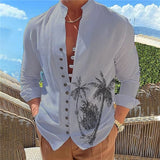 Men's Shirt Summer Hawaiian Shirt Coconut Tree Graphic Prints Stand Collar White Blue Green Khaki Gray Outdoor Street Long Sleeve Print Clothing Apparel Fashion Designer Casual Comfortable