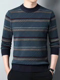 Men's Pullover Sweater Jumper Ribbed Knit Knitted Print Stripe Stand Collar Fashion Streetwear Daily Wear Vacation Clothing Apparel Fall & Winter Dark Navy Royal Blue M L XL