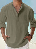 Men's Linen Shirt Casual Shirt Beach Shirt Henley Shirt Black White Pink Long Sleeve Plain Henley Spring & Summer Hawaiian Holiday Clothing Apparel