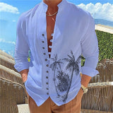 Men's Shirt Summer Hawaiian Shirt Coconut Tree Graphic Prints Stand Collar White Blue Green Khaki Gray Outdoor Street Long Sleeve Print Clothing Apparel Fashion Designer Casual Comfortable