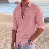 Ilooove Men's Linen Shirt Shirt Summer Shirt Beach Shirt Black White Pink Long Sleeve Solid Color Turndown Spring & Summer Outdoor Street Clothing Apparel Button-Down