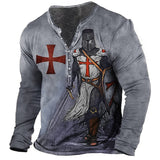 Men's Henley Shirt T shirt Tee Tee Graphic Templar Cross Soldier Henley Green Purple Light gray Red Brown 3D Print Plus Size Outdoor Daily Long Sleeve Button-Down Print Clothing Apparel Basic