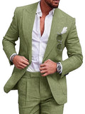 Men's Wedding Linen Suits 2 Piece Lake Blue Pea Green Champagne Solid Colored Summer Suits Tailored Fit No Buttons 2023