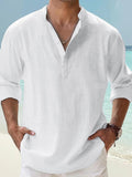 Men's Linen Shirt Casual Shirt Beach Shirt Henley Shirt Black White Pink Long Sleeve Plain Henley Spring & Summer Hawaiian Holiday Clothing Apparel