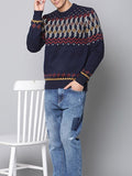 Men's Pullover Sweater Jumper Knitwear Ribbed Knit Knitted Print Geometry Crew Neck Fashion Streetwear Daily Wear Vacation Clothing Apparel Fall & Winter Navy Blue M L XL