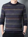 Men's Pullover Sweater Jumper Ribbed Knit Knitted Print Stripe Stand Collar Fashion Streetwear Daily Wear Vacation Clothing Apparel Fall & Winter Dark Navy Royal Blue M L XL