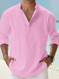 Men's Linen Shirt Casual Shirt Beach Shirt Henley Shirt Black White Pink Long Sleeve Plain Henley Spring & Summer Hawaiian Holiday Clothing Apparel